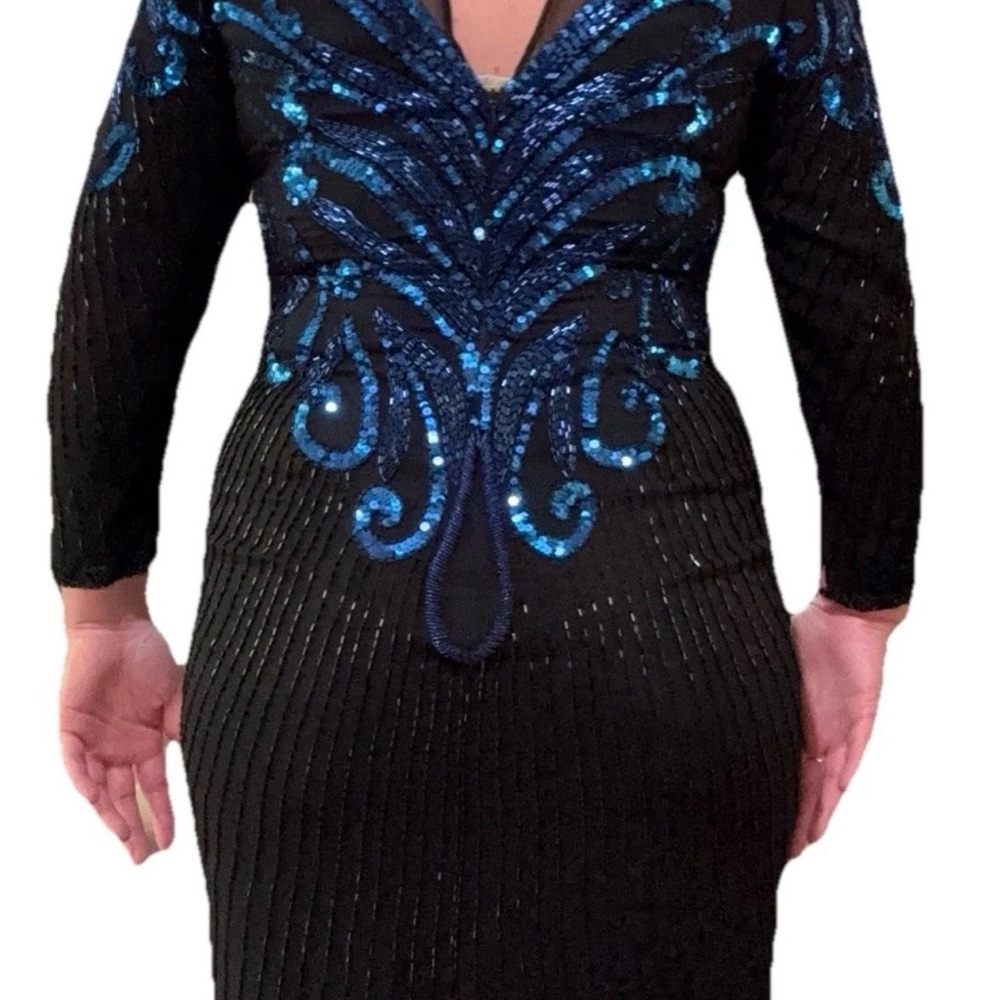 A.J. Bari Black Long Sleeve Dress with Blue Sequin Detail - Picture 9 of 14